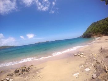 Scenic view of beach against blue sky