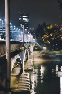 Bridge over river against sky at night