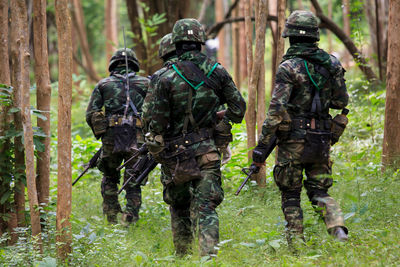 Rear view of family in forest