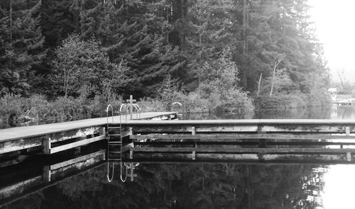 People walking on footbridge over river