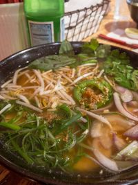 Close-up of soup in bowl on table