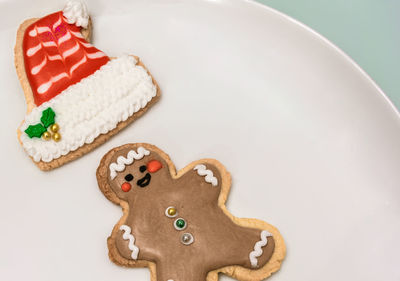 High angle view of cookies in plate