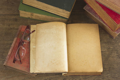 High angle view of open book on table