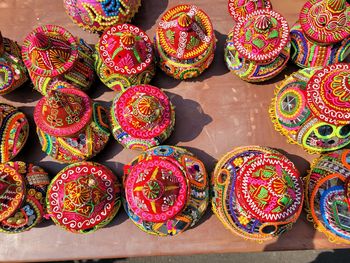 High angle view of multi colored candies for sale in market