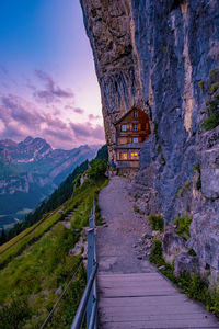 Scenic view of mountains against sky during sunset