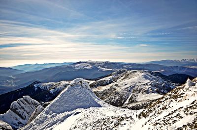 Aerial view of mountain range in winter