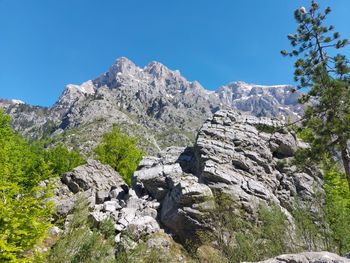 Low angle view of rocks against clear sky