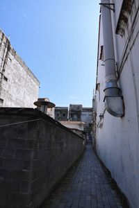Narrow alley amidst buildings against clear blue sky