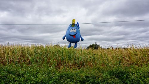 Full length of toy in field against sky