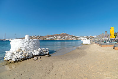 Scenic view of beach against clear blue sky