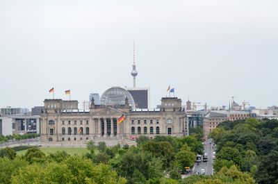 Reichstag building and fernsehturm against clear sky