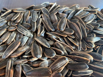 High angle view of seeds of sunflower on table