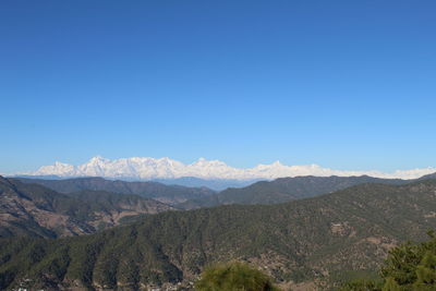 Scenic view of mountains against clear blue sky