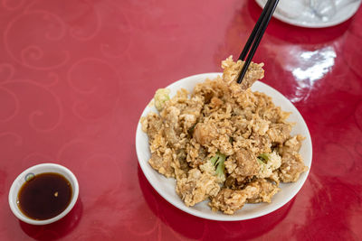 High angle view of food in bowl on table