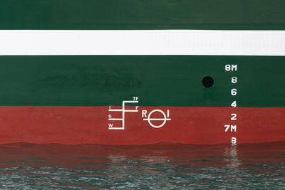 Close-up of stop sign in calm sea