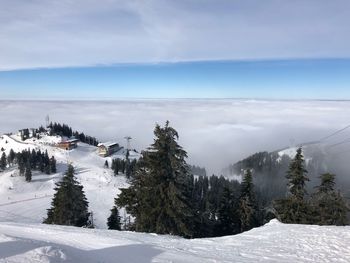 Scenic view of snow covered mountains against sky