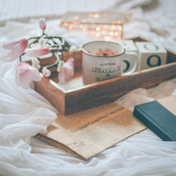 High angle view of coffee on table