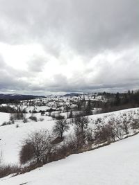 Snow covered landscape against sky