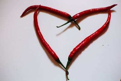 High angle view of red chili peppers on table