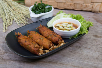 High angle view of food in plate on table