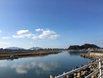 Scenic view of lake against blue sky