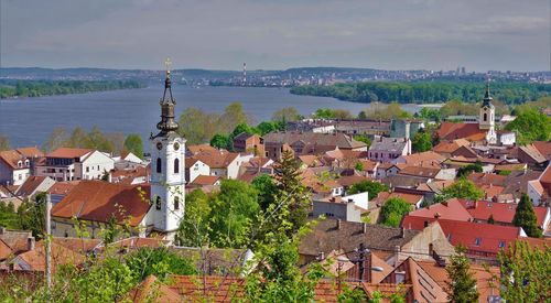 High angle view of town against sky