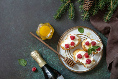 High angle view of breakfast served on table