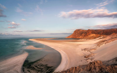 Scenic view of beach against sky during sunset