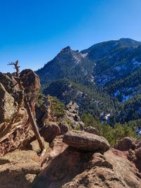 Scenic view of mountains against clear blue sky