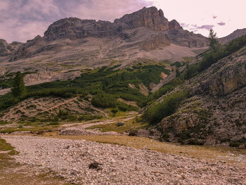Scenic view of land and mountains against sky