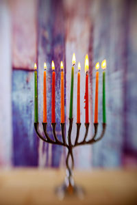 Close-up of candles on table