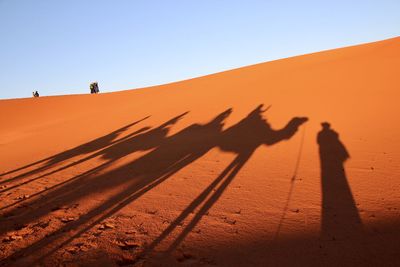 Shadow of people and camels on sand dune against clear sky