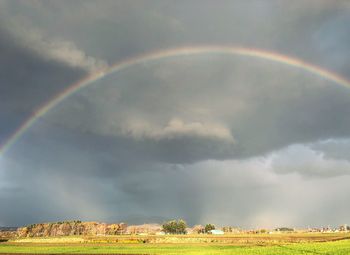 Scenic view of rainbow over field