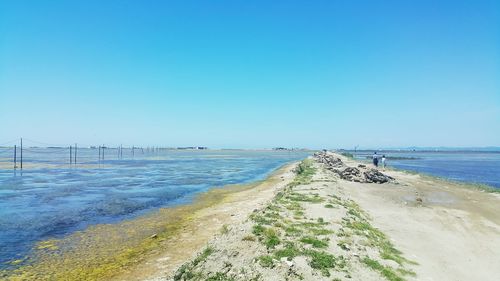 Scenic view of sea against clear blue sky