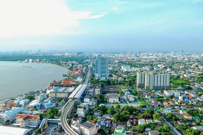 High angle view of buildings against sky in city