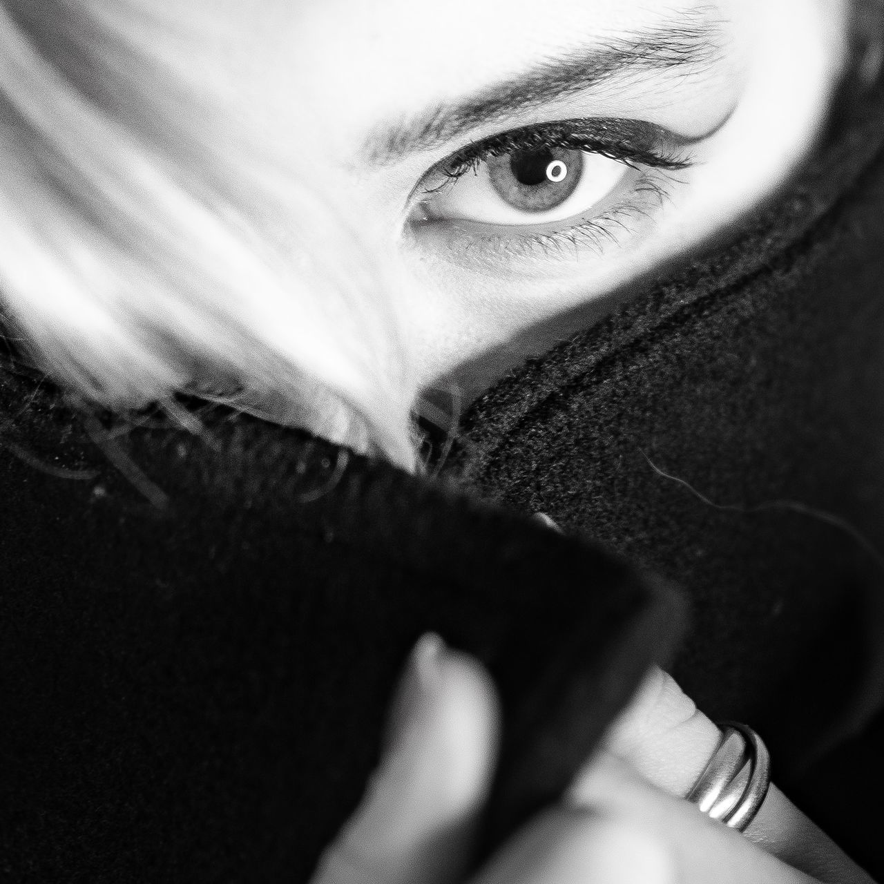 black, black and white, white, one person, close-up, portrait, monochrome photography, monochrome, adult, human face, human eye, eye, women, person, looking at camera, young adult, portrait photography, glasses, human head, indoors, headshot, selective focus