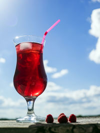 Close-up of red wine glass against blue sky