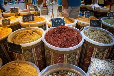 High angle view of various for sale at market stall