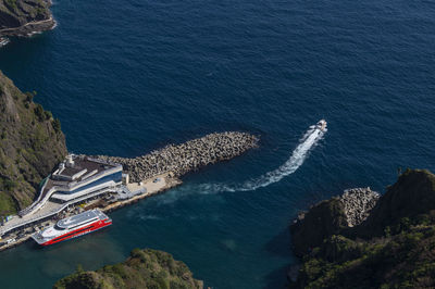 High angle view of boats in sea