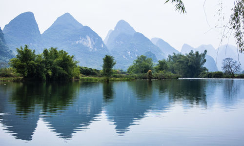 Scenic view of lake and mountains against clear sky