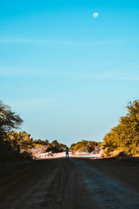 Rear view of man on road against blue sky