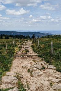 Footpath amidst field against sky