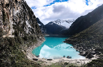 Scenic view of lake and snowcapped mountains against sky