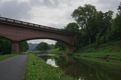Arch bridge over river against sky