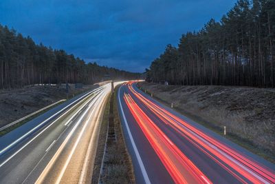 Light trails on road by trees against sky