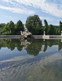 Reflection of trees in lake against cloudy sky