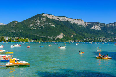 Scenic view of sea against clear blue sky