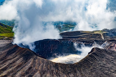 Smoke emitting from volcanic mountain against sky