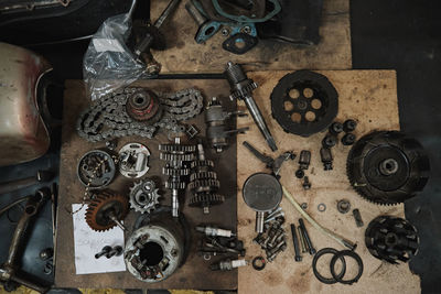 High angle view of old machine part on table