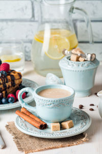 High angle view of breakfast served on table